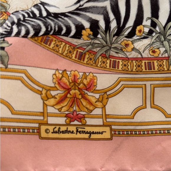 Vintage 100 Silk Scarf Ferragamo Zebra Pink Floral Safari Square Grandmillennial - Picture 5 of 10